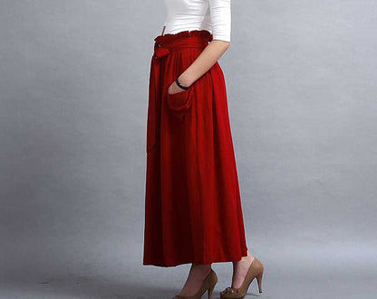 Red Linen Maxi Skirt - Elastic Waist with Draped Pockets 288