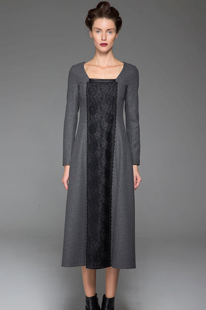 Gray Wool Maxi Dress - Slim Fit with Black Stitching Detail 1442