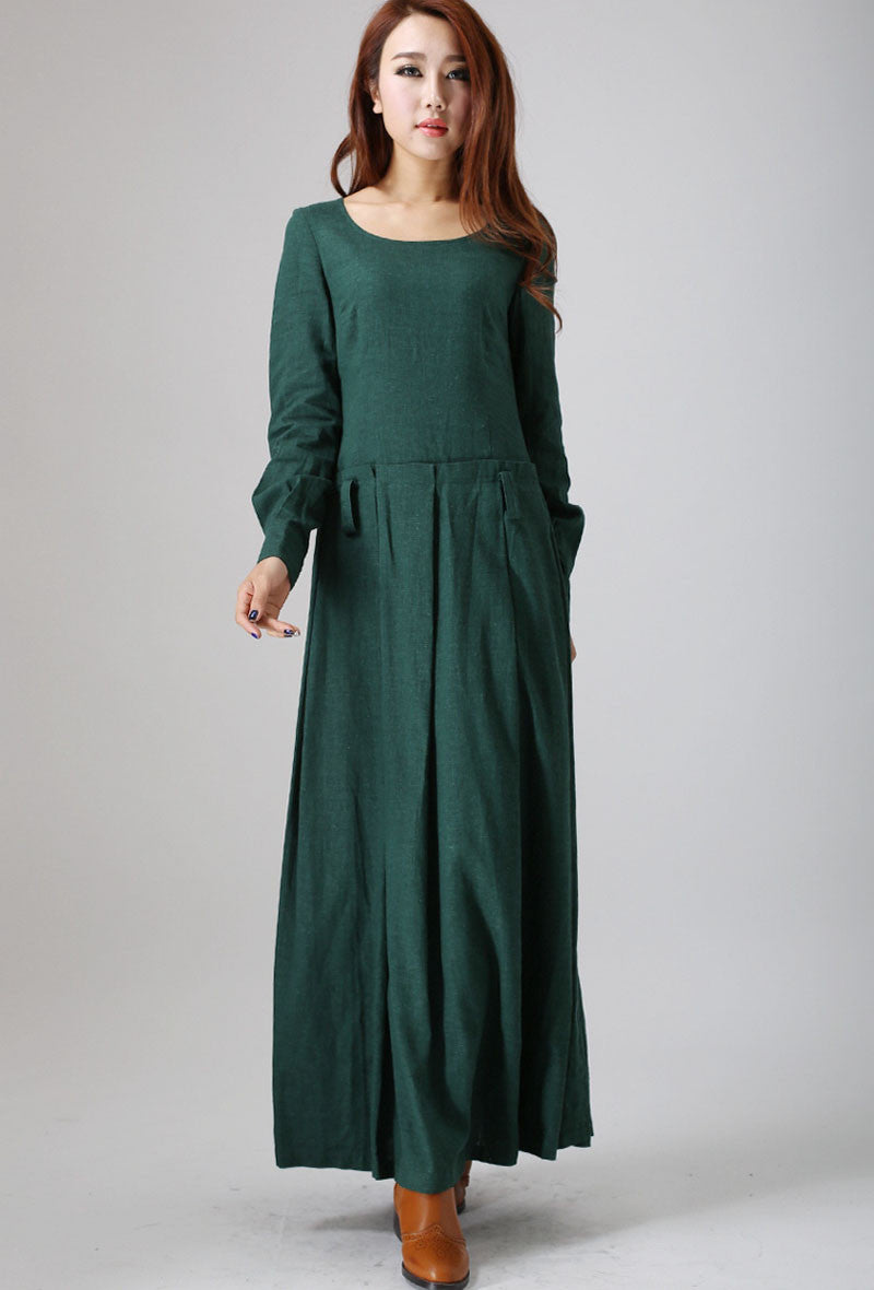 Green Linen Maxi Dress with Long Sleeves and Pockets Xiaolizi Green Linen Maxi Dress with Long Sleeves and Pockets Xiaolizi