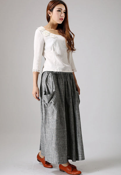 Grey Linen Blend Maxi Skirt - Elastic Waist, Draped Pockets 867