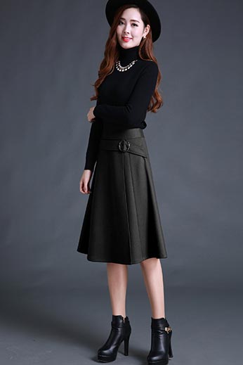 Brown Wool A-Line Skirt - Natural Waist, Irregular Hem S023