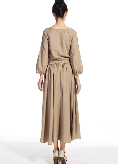 Khaki Linen Cotton Dress - Drawstring Waist Midi | Xiaolizi 515
