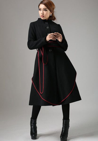 Black Wool Coat - Mandarin Collar with Contrasting Piping 738