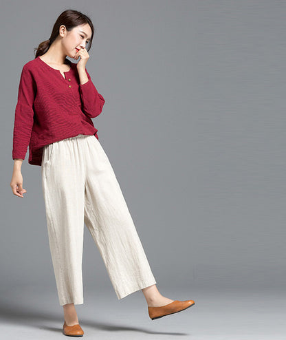 White Linen Wide Leg Pants - Elastic Waist, Above Ankle Length 2610