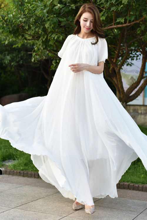 White Short Sleeve Maxi Swing Chiffon Dress 2926