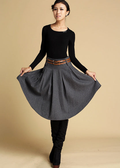 Dark Gray Wool Mini Skirt – Vintage Asymmetrical Pleated Skirt with Pockets 0359