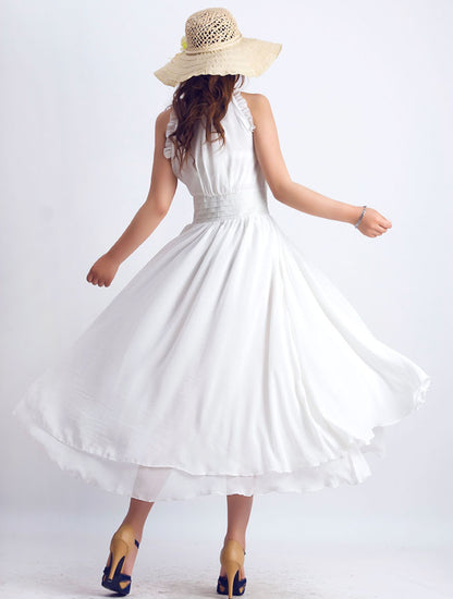 White Chiffon Maxi Dress - Flowy Sleeveless with Ruffled Neckline 76