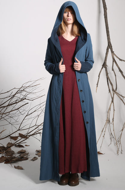 Blue Linen Cotton Trench Coat - Hooded Ankle-Length | Xiaolizi 1139