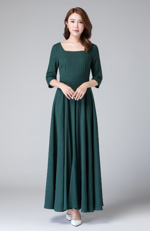 Handmade Dark Green Linen Maxi Dress Square Neck Bridesmaid | Xiaolizi 1907 Emerald Green / Custom order Handmade Dark Green Linen Maxi Dress Square Neck Bridesmaid | Xiaolizi 1907 Emerald Green / Custom order