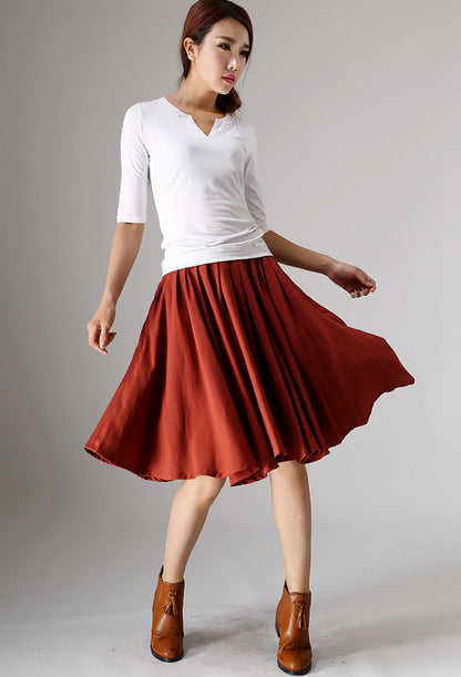 Red Linen Cotton Blend Pleated Midi Skirt - Flowing Waistband Detail 978