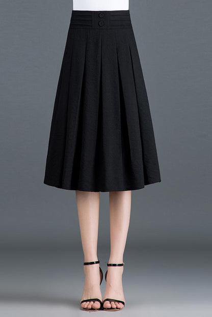 Black Polyester Midi Skirt - High Waist A-Line Silhouette CYM319