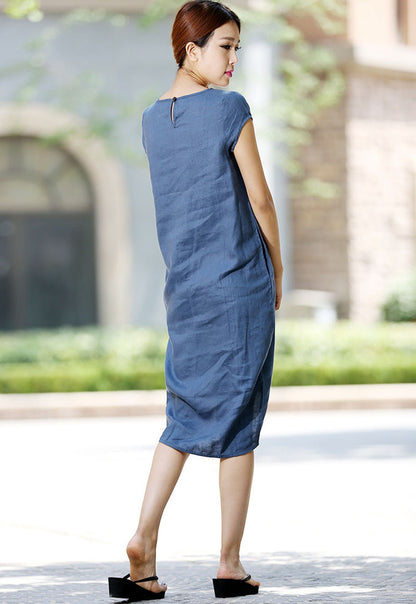 Blue Linen Dress - Cap Sleeve, Irregular Hem 1015