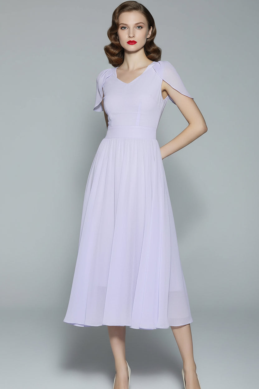 Lavender Chiffon Maxi Dress – V-Neck High Waist Bridesmaid