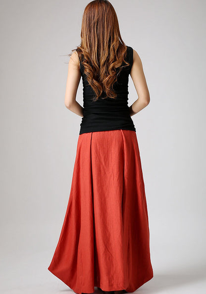 Women’s Handmade Linen Maxi Skirt – Orange Asymmetrical Flowy Skirt | Xiaolizi 0896