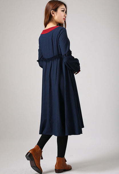 Handmade Patchwork Linen Dress – Navy and Red Long Sleeve Vintage Dress | Xiaolizi 884
