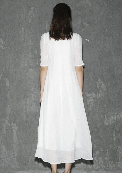 White Linen Maxi Dress - Round Collar, Elbow Sleeve Flowy Silhouette 1305
