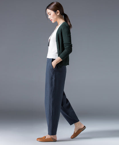 Navy Linen Cotton Ankle Pants - Elastic Waist Relaxed Fit 2504