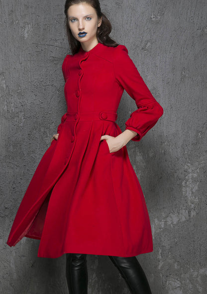 Women’s Red Wool Coat – Handmade Vintage Pleated Winter Dress Coat 1330