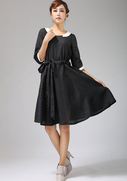 Black Linen Dress - Contrast Collar, Tie Waist, and Pleated Skirt 697