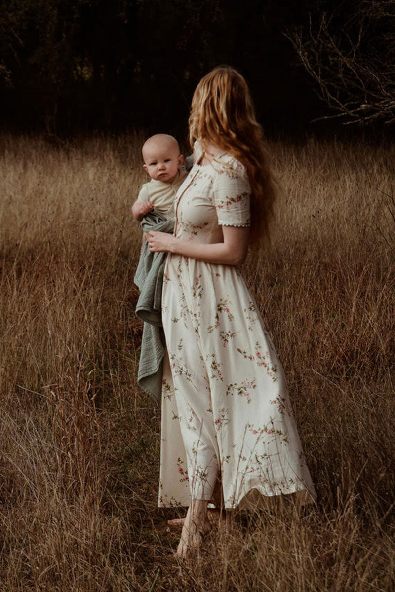 Floral Linen Cotton Maxi Dress with Elegant Cottagecore Style