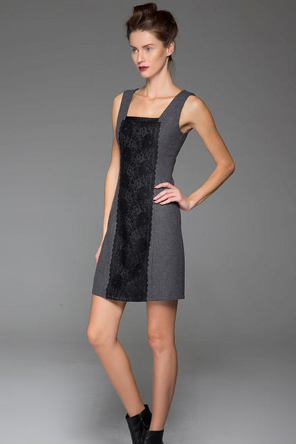 Gray Wool Mini Dress - Black Lace Detail, Slim Fit 1446