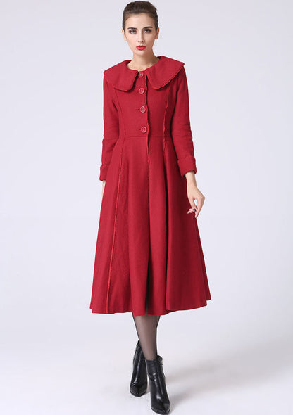Elegant Red Wool Maxi Coat for Women – Retro Single-Breasted Winter Overcoat 1065