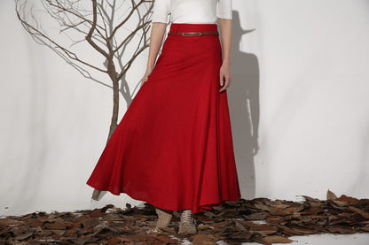 Red Linen Blend A-Line Maxi Skirt - Pleated Ankle Length 1154