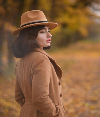 Camel Wool Coat - Double-Breasted, Flared Hem A-Line Swing 2496