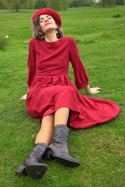Women A Line Red Pleated Maxi Linen Dress 3576