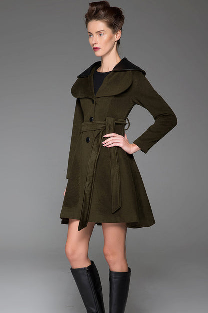 Vintage Wool Coat for Women – Handmade Olive Green Short Belted Winter Coat with Leather Lapel | Xiaolizi 1414