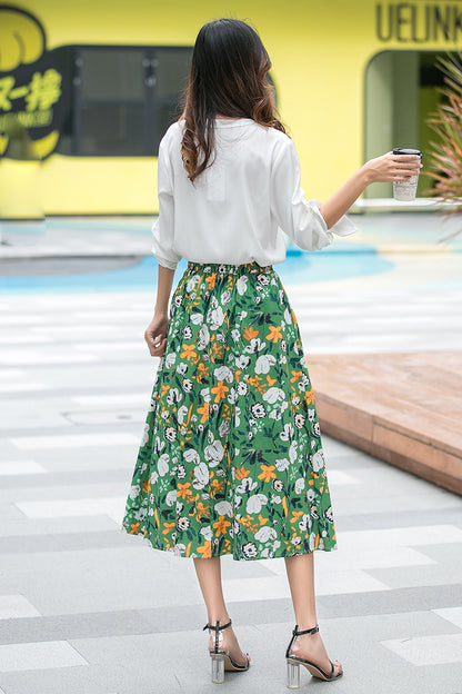 Floral Cotton Midi Skirt - Pleated Waist with Elastic High Waistband 3536