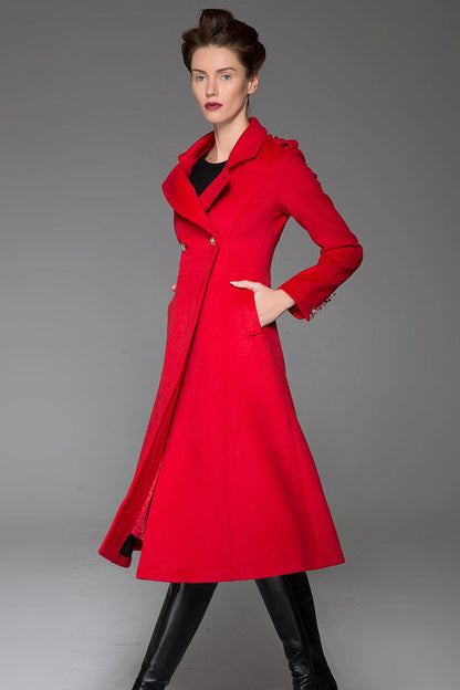 Vintage Wool Coat for Women – Handmade Red Double Breasted Military Style Winter Coat | Xiaolizi 1415