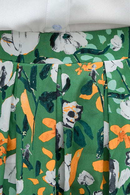 Floral Cotton Midi Skirt - Pleated Waist with Elastic High Waistband 3536