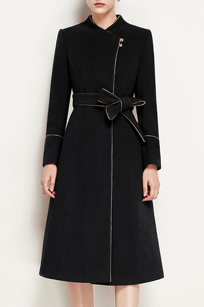 Red Wool Coat – Handmade Asymmetric Button Winter Coat with Feminine Bow Belt 3955