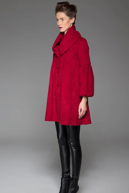 Red Wool Blend Coat – Handmade Oversized Collar Vintage Winter Elegance 1426