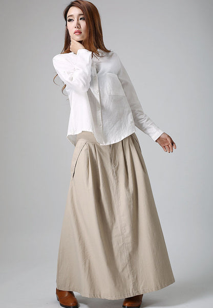 Khaki Linen Cotton Blend Maxi Skirt - Pleated Waist with Flap Pocket Detail 903