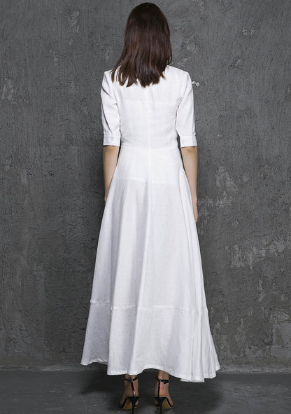 White Linen Maxi Dress - Big Collar, 3/4 Sleeve 1326