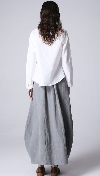 Light Grey Linen Bubble Skirt - Pleated Midi with Pockets 1192