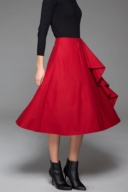 Wine Red Wool Midi Skirt - Floral Lace Detail with Side Pockets 1431