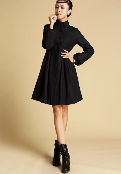 Black Wool Blend Fit-and-Flare Coat - Midi A-Line | Xiaolizi 354