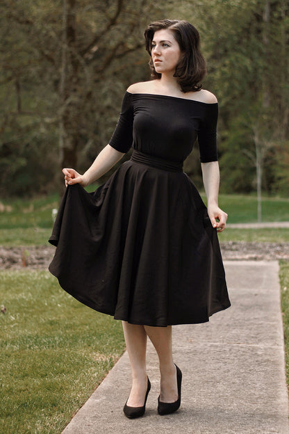 Black Cotton Midi Skirt - High Waist Retro Linen Circle Skater | Xiaolizi 3509