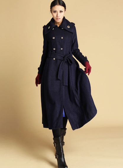 Navy Wool Maxi Coat - Military Details with Flared Hem 475