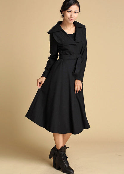 Black Wool Coat - Double Folded Collar with Self-Tie Waist 2113199813