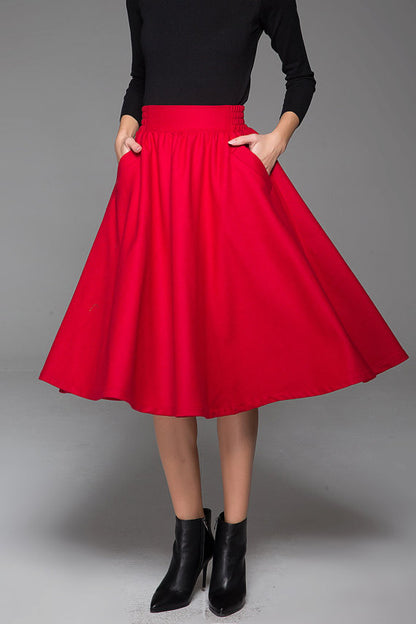 Red Wool Midi Skirt - Elastic Waist with Side Pockets 1430