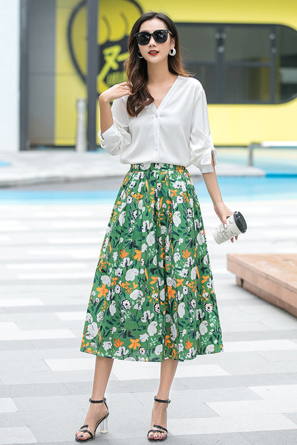 Floral Printed High Waisted Summer Pleated Long Swing Skirt 3536