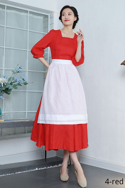 Brown Linen Maxi Dress - Pleated, Square Neckline with Ruffle 3368