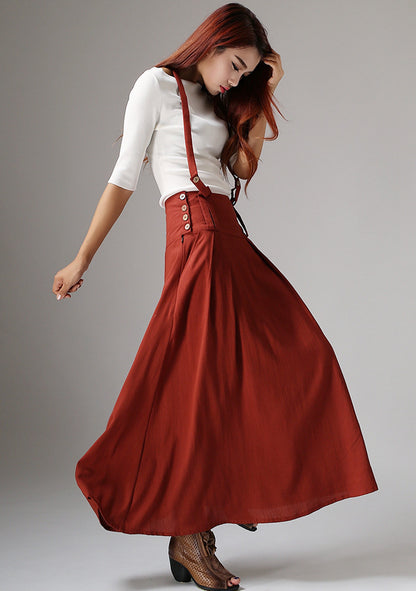 Vintage A-Line Suspender Skirt – Dark Rust Linen, Maxi Length – 1035