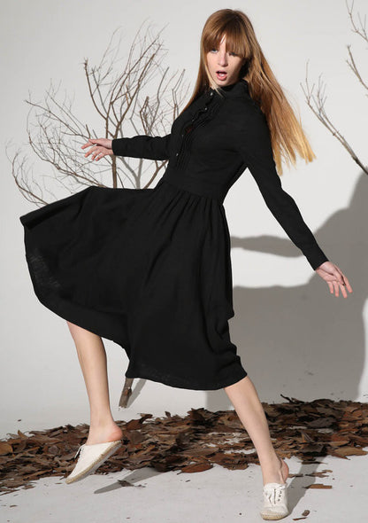 Black Linen Midi Shirt Dress - Pleated Front, Regular Fit 1163