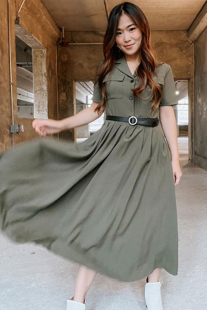 Green Cotton Linen Midi Shirt Dress - Belted Waistband 3726