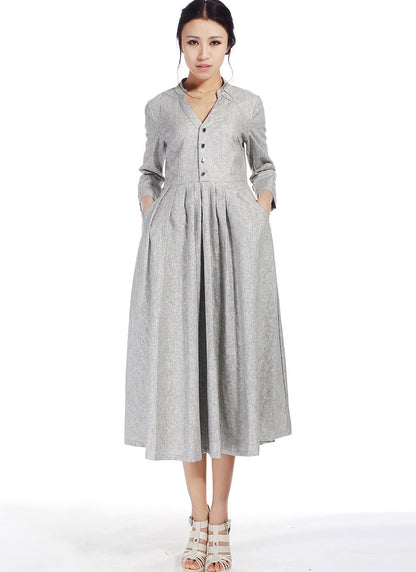 Beige Cotton Linen Maxi Shirt Dress - V-Neck, 3/4 Sleeve 518